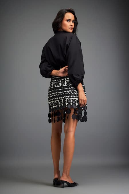 Shop Deepika Arora Black Cotton, Voluminous Sleeves Shirt With Geometric Leather Applique Skirt at Aza Fashions Shop_Deepika Arora_Black Cotton, Voluminous Sleeves Shirt With Geometric Leather Applique Skirt _at_Aza_Fashions