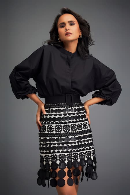 Deepika Arora Black Cotton, Voluminous Sleeves Shirt With Geometric Leather Applique Skirt Online at Aza Fashions Deepika Arora_Black Cotton, Voluminous Sleeves Shirt With Geometric Leather Applique Skirt _Online_at_Aza_Fashions