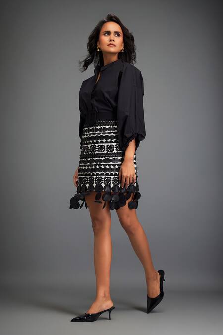 Shop Deepika Arora Black Cotton, Voluminous Sleeves Shirt With Geometric Leather Applique Skirt Online at Aza Fashions Shop_Deepika Arora_Black Cotton, Voluminous Sleeves Shirt With Geometric Leather Applique Skirt _Online_at_Aza_Fashions
