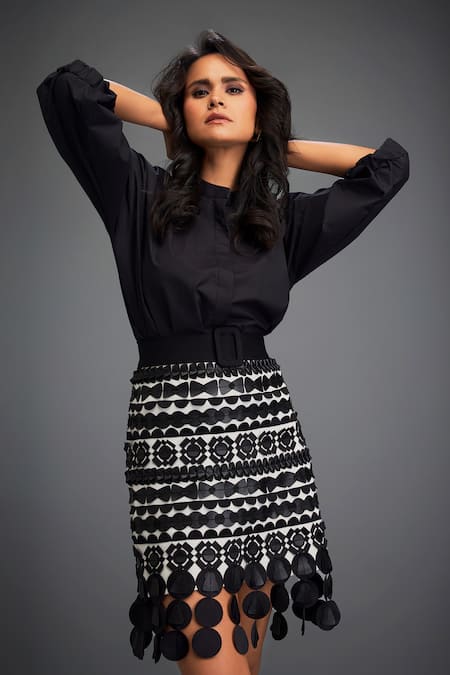 Deepika Arora Black Cotton, Voluminous Sleeves Shirt With Geometric Leather Applique Skirt at Aza Fashions Deepika Arora_Black Cotton, Voluminous Sleeves Shirt With Geometric Leather Applique Skirt _at_Aza_Fashions