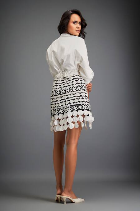 Deepika Arora Voluminous Sleeves Solid Shirt With Geometric Leather Applique Skirt 