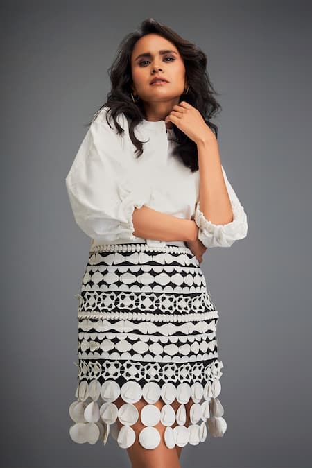 Deepika Arora_White Cotton Voluminous Sleeves Solid Shirt With Geometric Leather Skirt _Online_at_Aza_Fashions