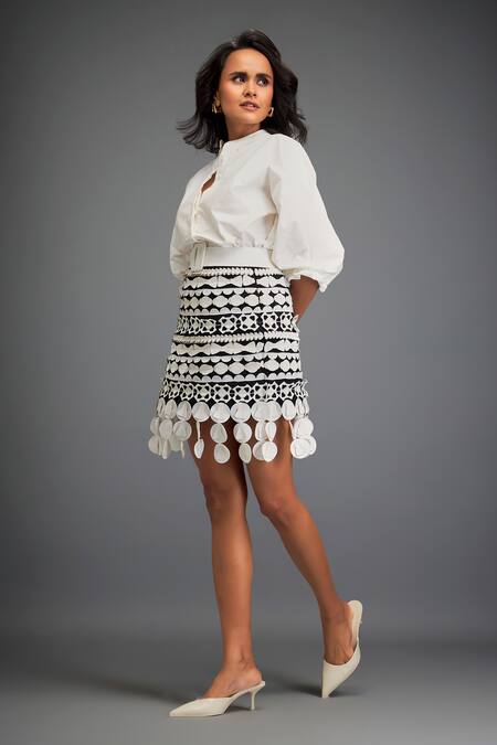 Shop_Deepika Arora_White Cotton Voluminous Sleeves Solid Shirt With Geometric Leather Skirt _Online_at_Aza_Fashions
