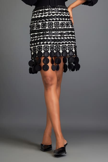Deepika Arora_Black Polyester Fringe Geometric Leather Applique Skirt _Online_at_Aza_Fashions
