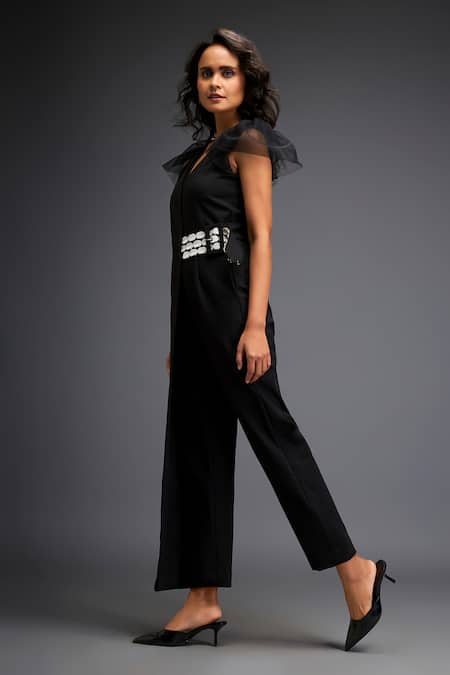 Deepika Arora_Black Polyester Cut Work V-neck Sphere Leather Applique Belted Jumpsuit _Online_at_Aza_Fashions