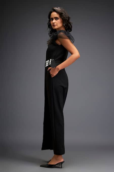Deepika Arora_Black Polyester Cut Work V-neck Sphere Leather Applique Belted Jumpsuit _at_Aza_Fashions
