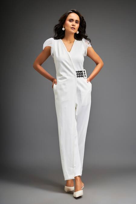 Deepika Arora White Polyester Applique V-neck Sphere Leather Short Sleeves Belted Jumpsuit at Aza Fashions Deepika Arora_White Polyester Applique V-neck Sphere Leather Short Sleeves Belted Jumpsuit _at_Aza_Fashions