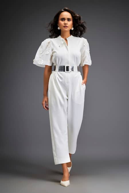 Deepika Arora Geometric Leather Applique Embellished Jumpsuit With Belt 