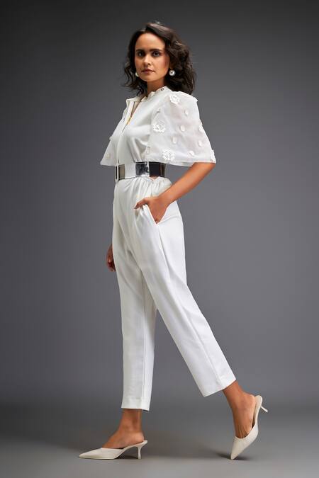 Deepika Arora_White Polyester Geometric Leather Applique Embellished Jumpsuit With Belt _Online_at_Aza_Fashions
