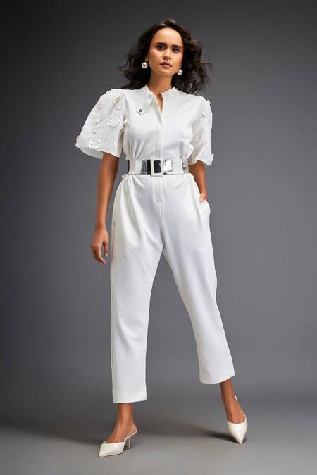 Shop_Deepika Arora_White Polyester Geometric Leather Applique Embellished Jumpsuit With Belt _Online_at_Aza_Fashions