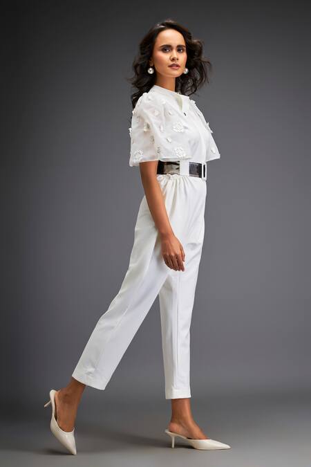 Deepika Arora_White Polyester Geometric Leather Applique Embellished Jumpsuit With Belt _at_Aza_Fashions