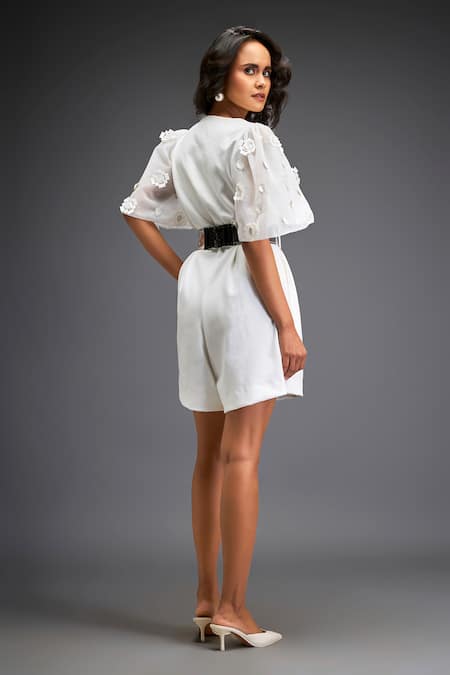 Deepika Arora Geometric Bloom Leather Applique Embellished Playsuit With Belt 