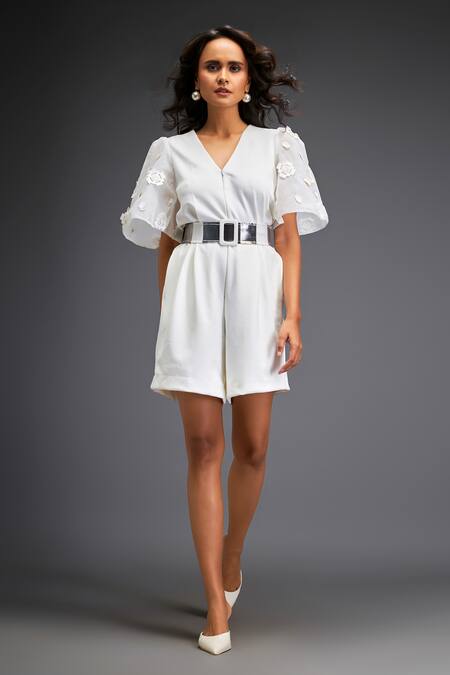 Deepika Arora White Polyester Applique Geometric Bloom Leather Embellished Playsuit With Belt at Aza Fashions Deepika Arora_White Polyester Applique Geometric Bloom Leather Embellished Playsuit With Belt _at_Aza_Fashions