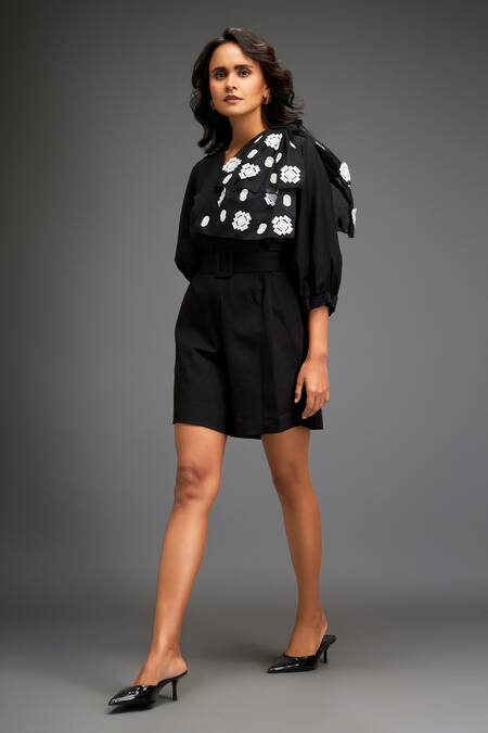Deepika Arora_Black Polyester Applique V-neck Geometric Blossom Leather Embellished Playsuit _Online_at_Aza_Fashions