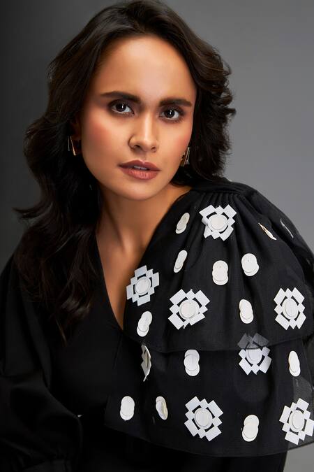 Buy_Deepika Arora_Black Polyester Applique V-neck Geometric Blossom Leather Embellished Playsuit _Online_at_Aza_Fashions