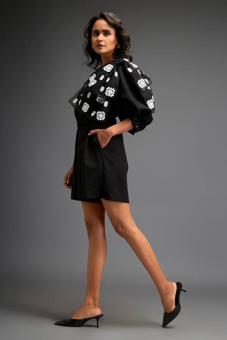 Shop_Deepika Arora_Black Polyester Applique V-neck Geometric Blossom Leather Embellished Playsuit _Online_at_Aza_Fashions
