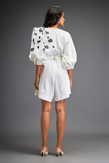 Deepika Arora Geometric Flora Leather Applique Embellished Playsuit 