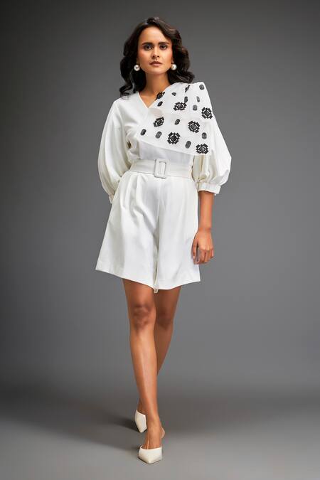 Shop_Deepika Arora_White Polyester Embroidery Geometric Flora Leather Applique Embellished Playsuit _Online_at_Aza_Fashions