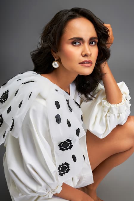 Deepika Arora_White Polyester Embroidery Geometric Flora Leather Applique Embellished Playsuit _at_Aza_Fashions