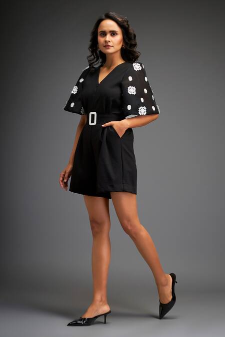 Deepika Arora Black Cotton V-neck Mosaic Bloom Leather Applique Embellished Playsuit With Belt Online at Aza Fashions Deepika Arora_Black Cotton V-neck Mosaic Bloom Leather Applique Embellished Playsuit With Belt _Online_at_Aza_Fashions