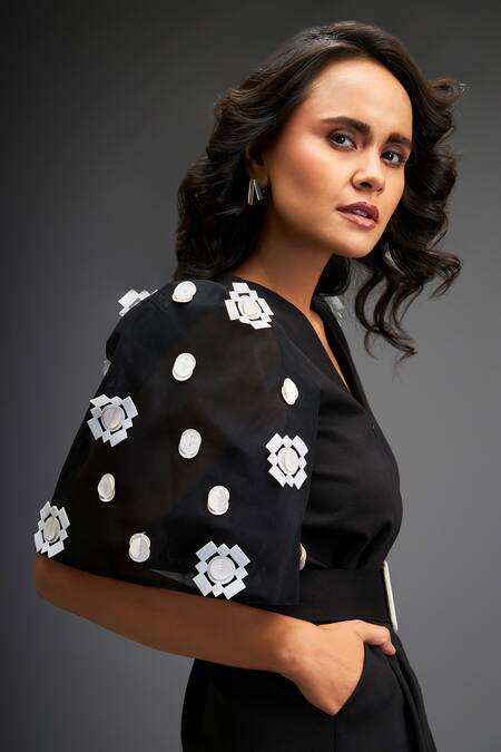 Buy Deepika Arora Black Cotton V-neck Mosaic Bloom Leather Applique Embellished Playsuit With Belt Online at Aza Fashions Buy_Deepika Arora_Black Cotton V-neck Mosaic Bloom Leather Applique Embellished Playsuit With Belt _Online_at_Aza_Fashions