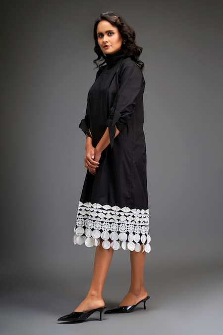 Deepika Arora_Black Cotton Applique High Neck Geometric Leather Midi Dress _Online_at_Aza_Fashions