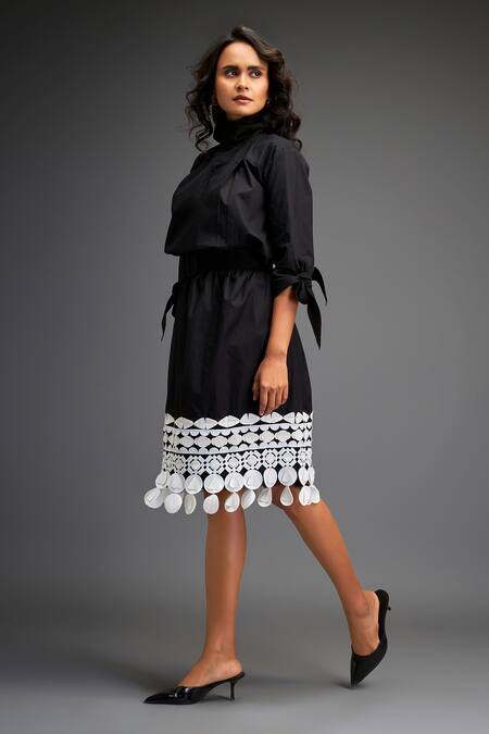 Buy_Deepika Arora_Black Cotton Applique High Neck Geometric Leather Midi Dress _Online_at_Aza_Fashions