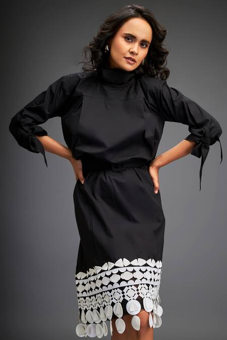Shop_Deepika Arora_Black Cotton Applique High Neck Geometric Leather Midi Dress _Online_at_Aza_Fashions