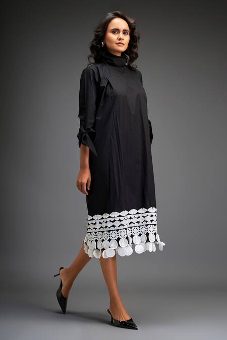 Deepika Arora_Black Cotton Applique High Neck Geometric Leather Midi Dress _at_Aza_Fashions