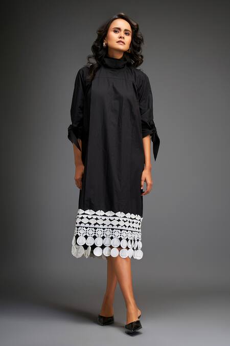 Buy_Deepika Arora_Black Cotton Applique High Neck Geometric Leather Midi Dress 