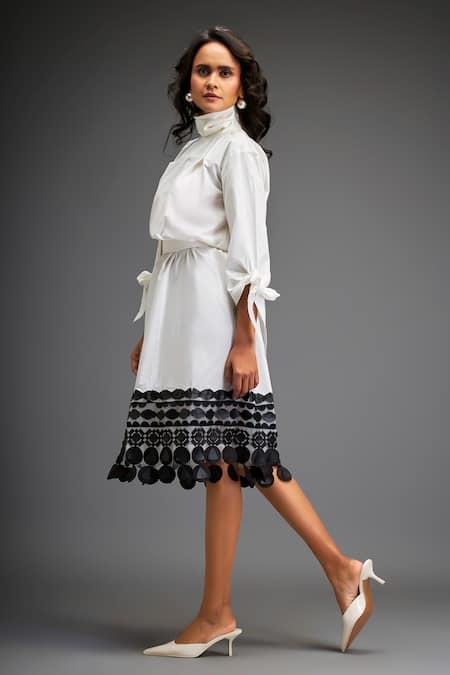 Deepika Arora_White Cotton Embroidery High Neck Geometric Ornate Leather Applique Midi Dress _Online_at_Aza_Fashions