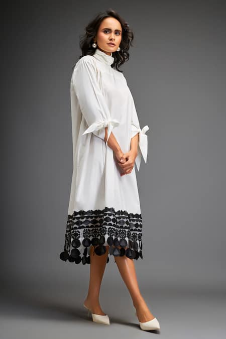 Shop_Deepika Arora_White Cotton Embroidery High Neck Geometric Ornate Leather Applique Midi Dress _Online_at_Aza_Fashions