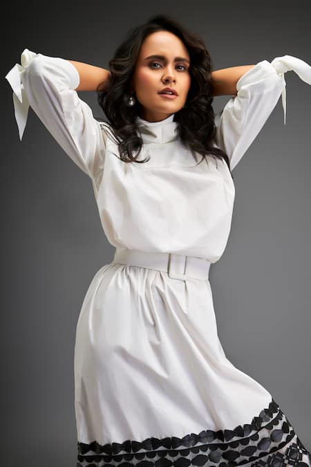 Deepika Arora_White Cotton Embroidery High Neck Geometric Ornate Leather Applique Midi Dress _at_Aza_Fashions