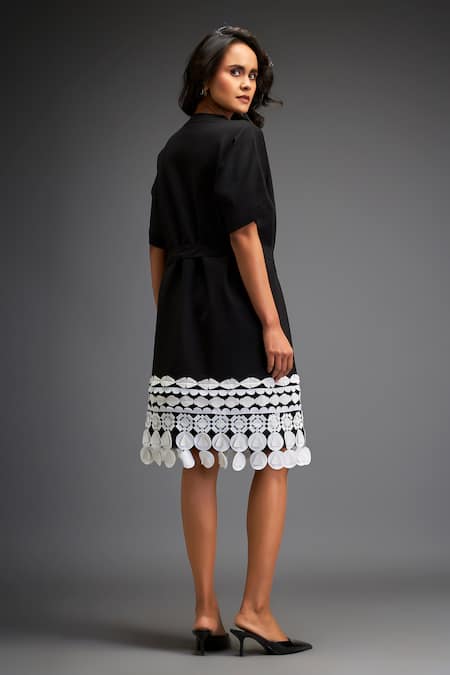 Deepika Arora Geometric Ornate Leather Applique Belted Midi Dress 