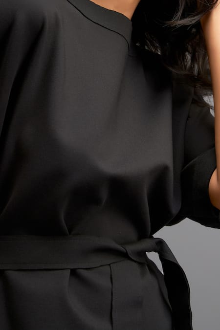 Shop_Deepika Arora_Black Polyester Applique Round Neck Geometric Ornate Leather Belted Midi Dress _Online_at_Aza_Fashions