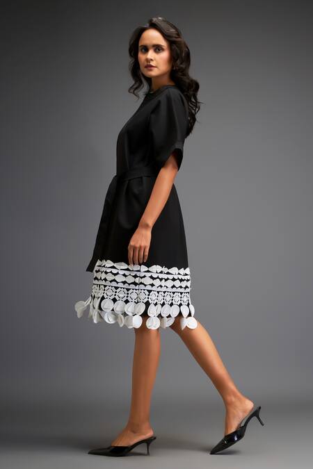 Deepika Arora_Black Polyester Applique Round Neck Geometric Ornate Leather Belted Midi Dress _at_Aza_Fashions
