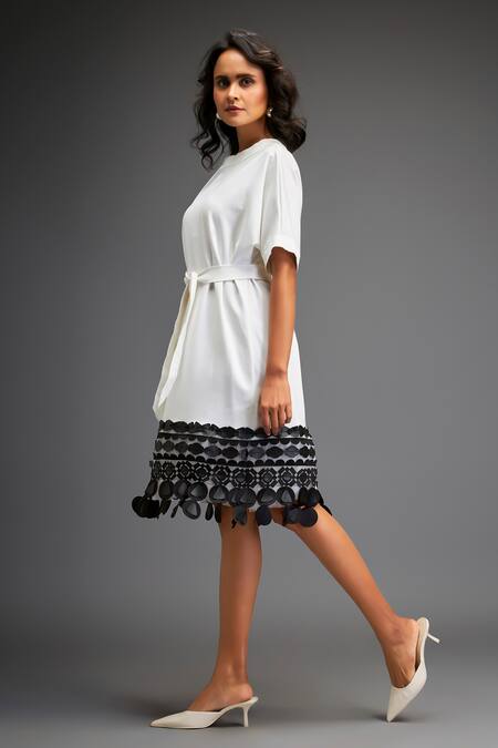 Deepika Arora_White Polyester Applique Round Neck Geometric Bloom Leather Belted Midi Dress _Online_at_Aza_Fashions