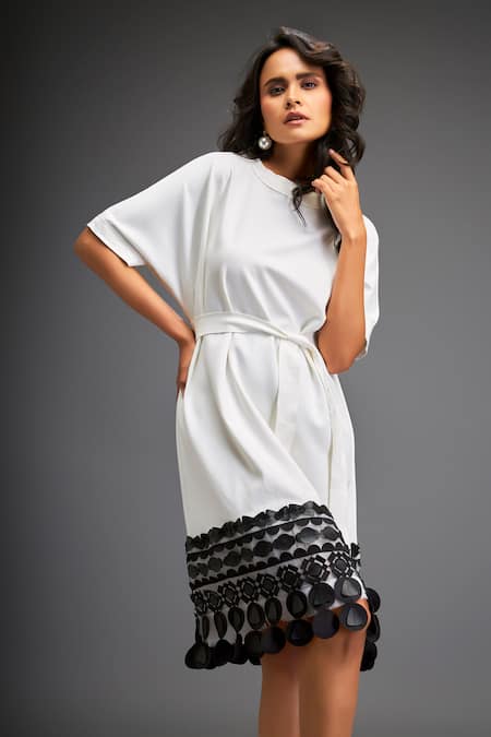 Buy_Deepika Arora_White Polyester Applique Round Neck Geometric Bloom Leather Belted Midi Dress _Online_at_Aza_Fashions