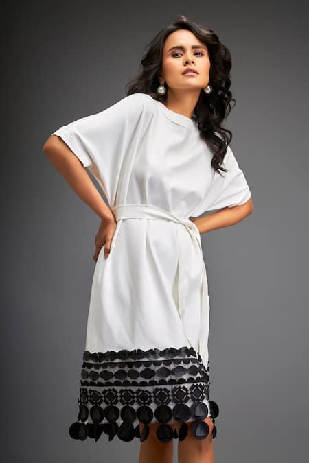 Shop_Deepika Arora_White Polyester Applique Round Neck Geometric Bloom Leather Belted Midi Dress _Online_at_Aza_Fashions