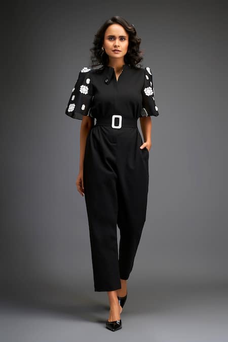 Deepika Arora Florid Geometric Leather Applique Embellished Jumpsuit With Belt 