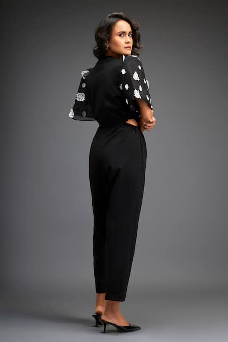 Deepika Arora Florid Geometric Leather Applique Embellished Jumpsuit With Belt 