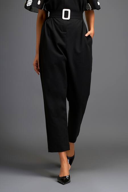 Deepika Arora_Black Cotton Florid Geometric Leather Applique Embellished Jumpsuit With Belt _Online_at_Aza_Fashions