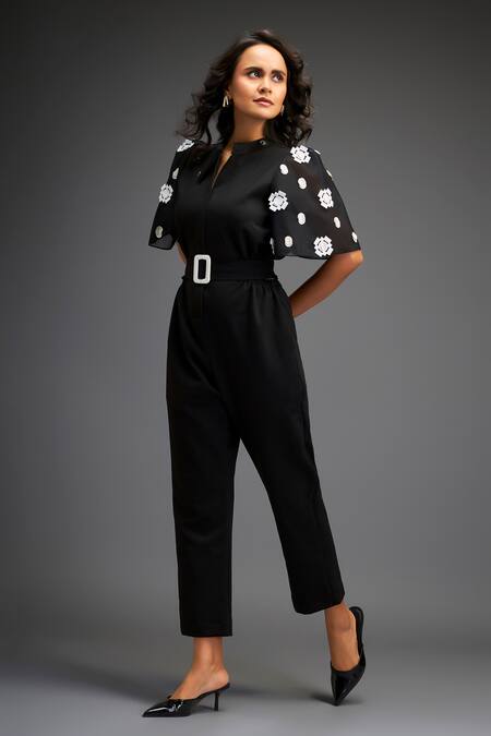 Buy_Deepika Arora_Black Cotton Florid Geometric Leather Applique Embellished Jumpsuit With Belt _Online_at_Aza_Fashions