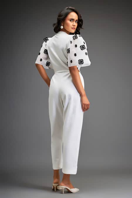Deepika Arora Geometric Floral Leather Applique Embellished Jumpsuit With Belt 