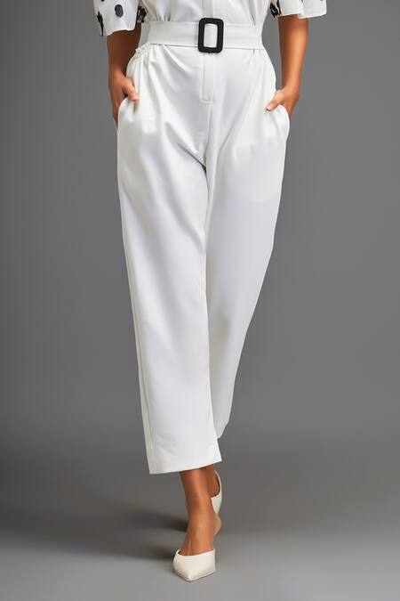 Deepika Arora_White Polyester Geometric Floral Leather Applique Embellished Jumpsuit With Belt _Online_at_Aza_Fashions