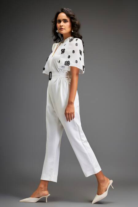 Buy_Deepika Arora_White Polyester Geometric Floral Leather Applique Embellished Jumpsuit With Belt _Online_at_Aza_Fashions