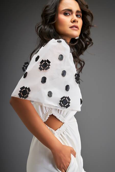 Shop_Deepika Arora_White Polyester Geometric Floral Leather Applique Embellished Jumpsuit With Belt _Online_at_Aza_Fashions