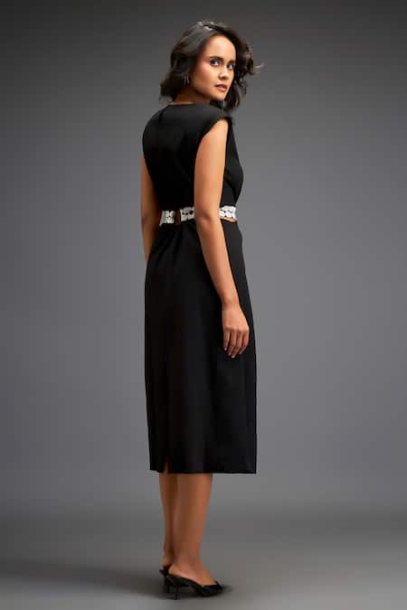 Deepika Arora_Black Polyester, Spandex Applique Round Embellished Waist Cutout Detail Dress _at_Aza_Fashions