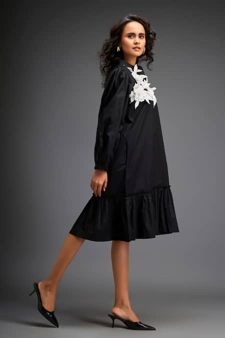Deepika Arora_Black Cotton Embroidery, Sequins Mandarin Collar Contrast Floral Applique Dress _Online_at_Aza_Fashions