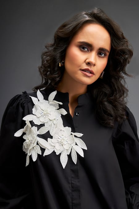 Buy_Deepika Arora_Black Cotton Embroidery, Sequins Mandarin Collar Contrast Floral Applique Dress _Online_at_Aza_Fashions